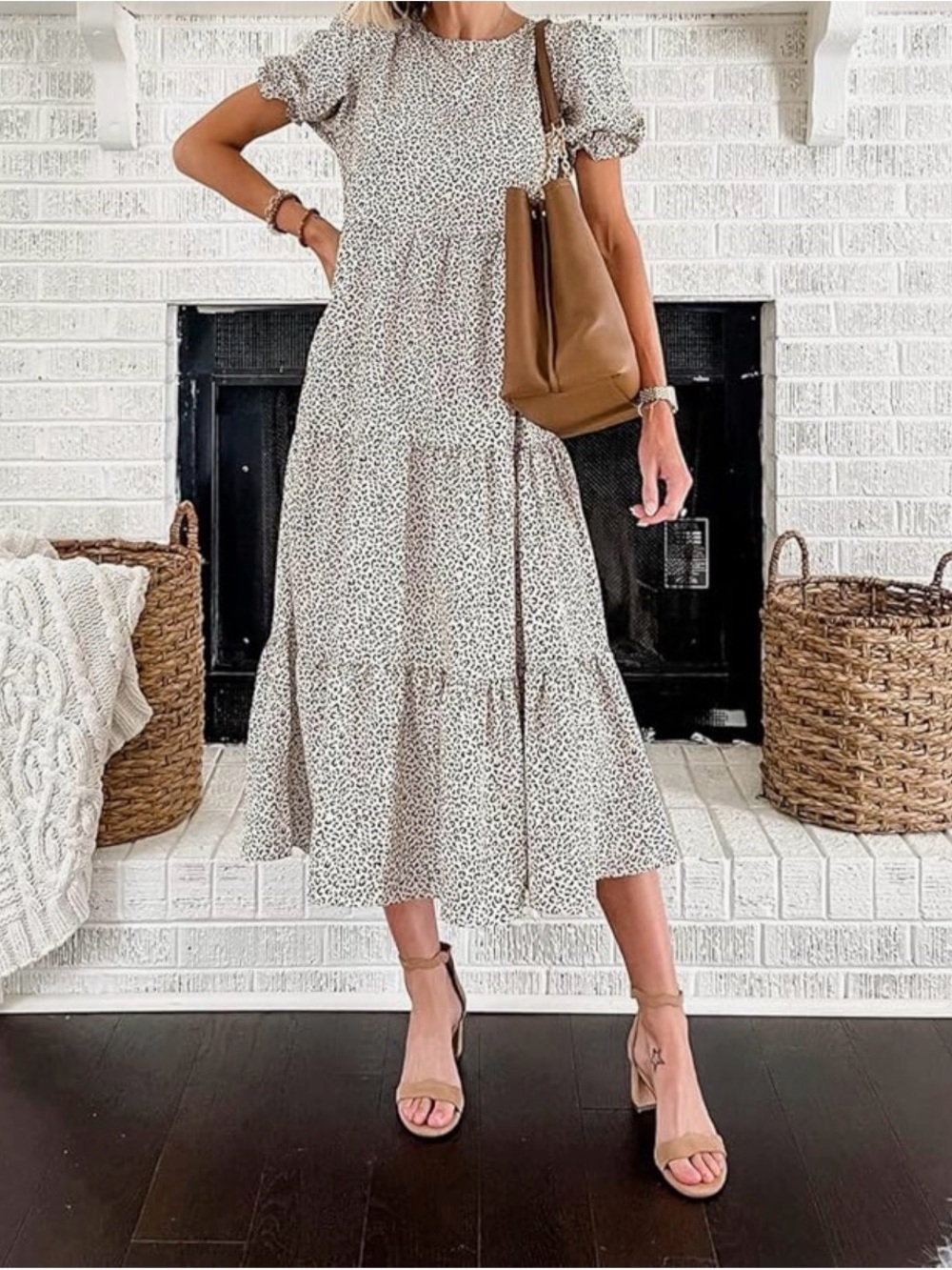 Cream Leopard Print Tiered Maxi Dress with Puff Sleeves size M